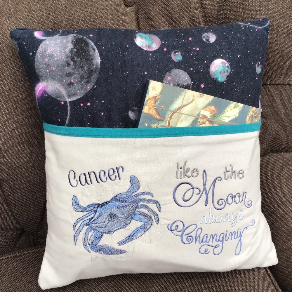 Homemade embroidered Cancer the Crab Pocket Pillow